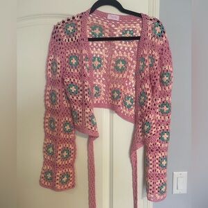 Crop, crochet, tie sweater from Pink Lily. Never been worn! Size small.